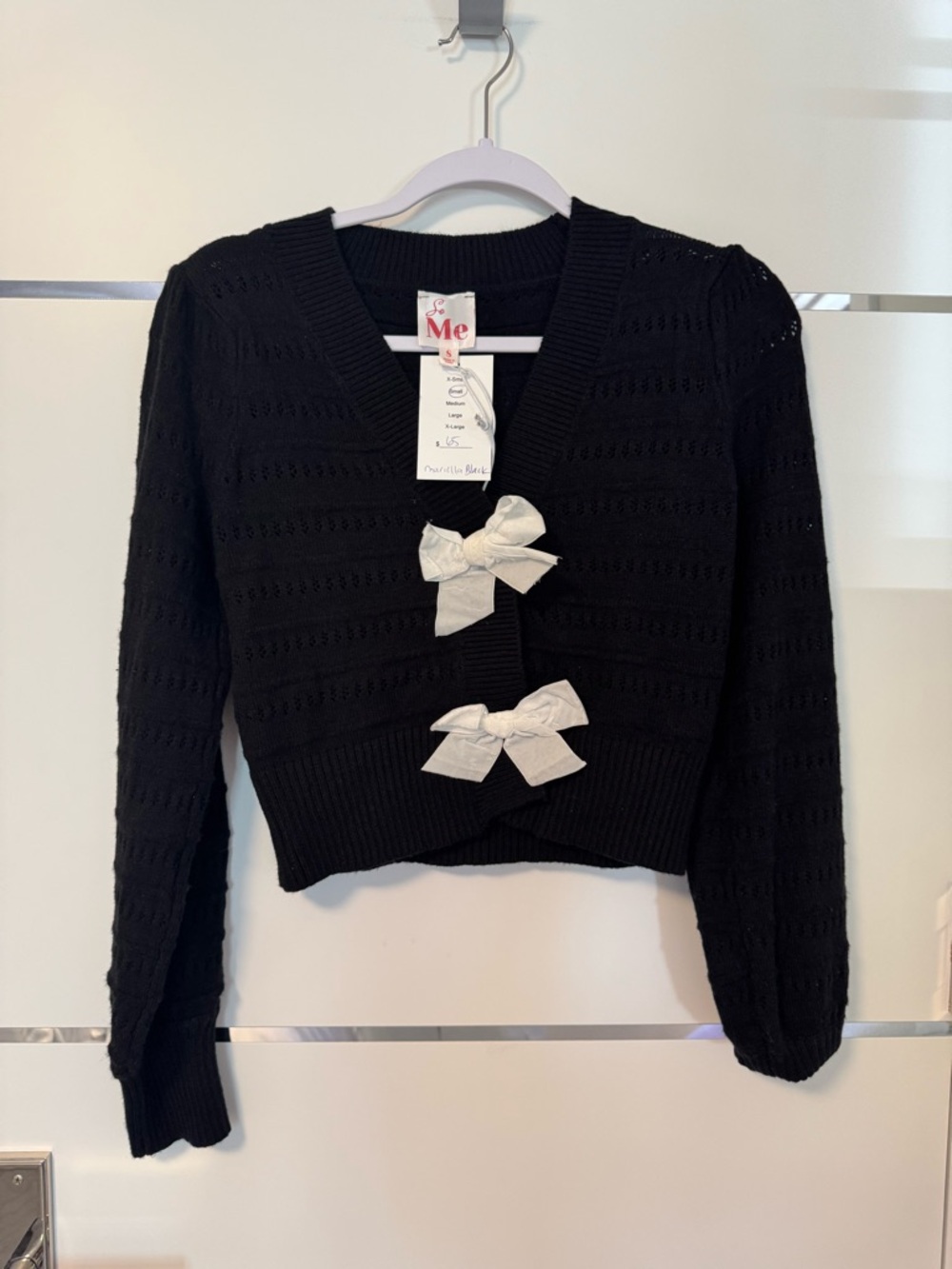 Ariella Black V-Neck Knit Cropped Cardigan with Cream Bows